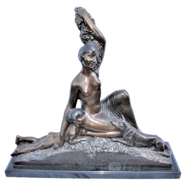 Bronze 1990s Art Deco Sculpture Semi-Nude Girl with Boy and Dog After Delandre Large For Sale - Image 8 of 18
