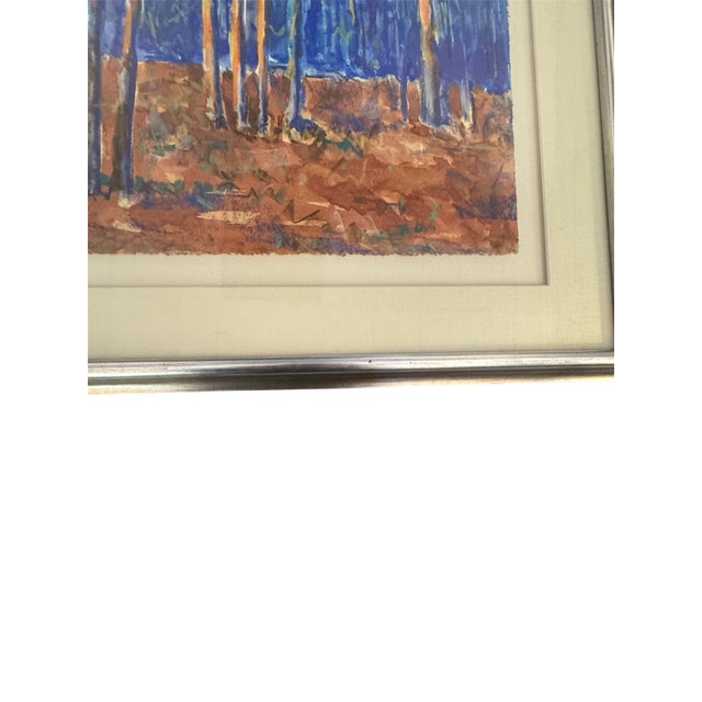 Mid-Century Modern Large Signed James Busby Forest Landscape Painting – Vibrant Blue & Rust Woodland Scene – Professionally Framed – 35” X 32” For Sale - Image 3 of 6
