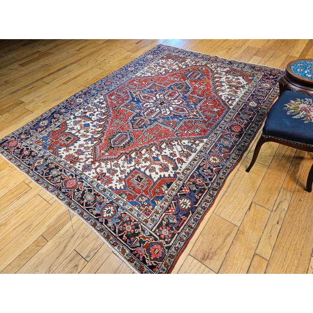 Early 20th Century Persian Heriz, Hand-Knotted Wool, Geometric Pattern, Vegetable Dyes, Red & Navy, 7x9 For Sale - Image 9 of 11