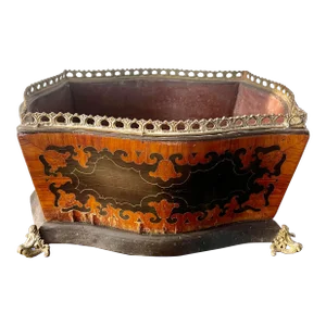 19th French Wood Jardiniere Napoleon III Carved Bronze Feet and Handles and Marquetry