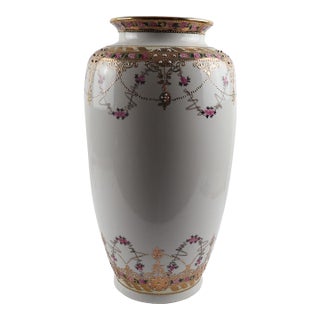 Tall Hand-Painted Porcelain Vase With Raised Gold & Jeweled Enamel, European Style, 16” For Sale