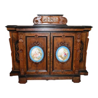 Burled Walnut Porcelain Sevres Style Placques Credenza Attributed to Pottier & Stymus For Sale
