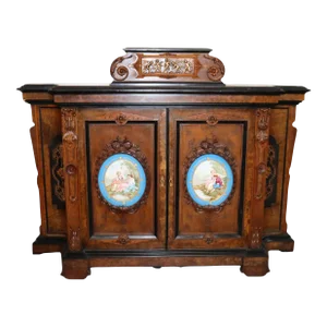 Burled Walnut Porcelain Sevres Style Placques Credenza Attributed to Pottier & Stymus