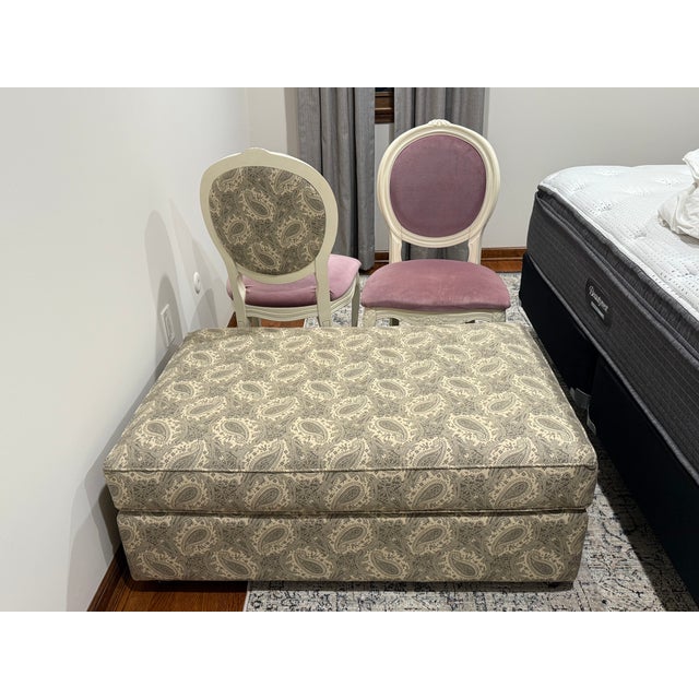 Arhaus custom ottoman in beige grey and paisley design. On casters. Measures 44x30x16 See my other listing for matching...