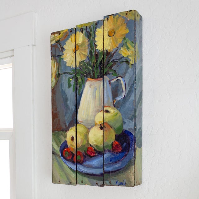 Wood Still Life Impressionist Painting of Fruit and Flowers on Wood Crate For Sale - Image 7 of 11