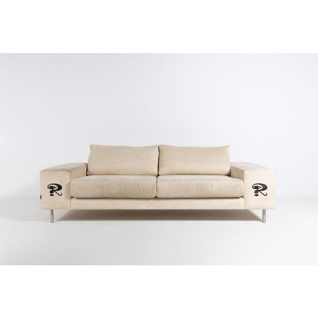 Unique ‘Raun Home’ sofa upholstered in beige alcantara fabric, brushed steel legs. It was specially made for Robbie...