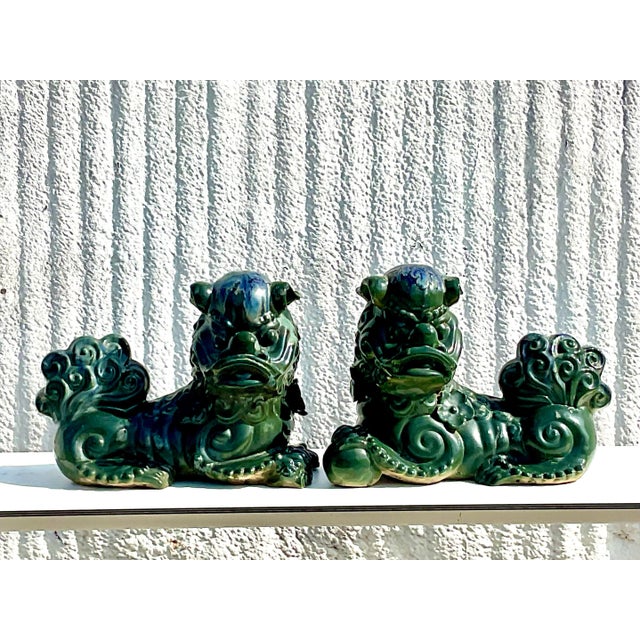 Late 20th Century Vintage Emerald Glazed Ceramic Foo Dogs – A Pair For Sale - Image 5 of 12