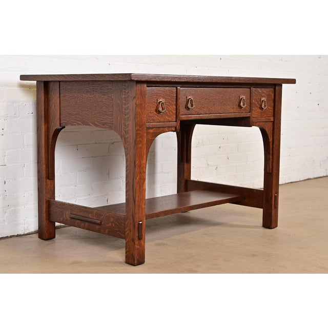 Early 20th Century Early 20th Century Stickley Brothers Style Antique Mission Oak Arts & Crafts Writing Desk or Library Table, Newly Refinished For Sale - Image 5 of 12