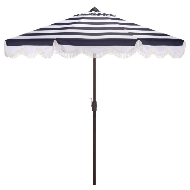 Lucerna 9 Ft Crank Umbrella, Navy Stripe/Brown Pole For Sale - Image 9 of 9