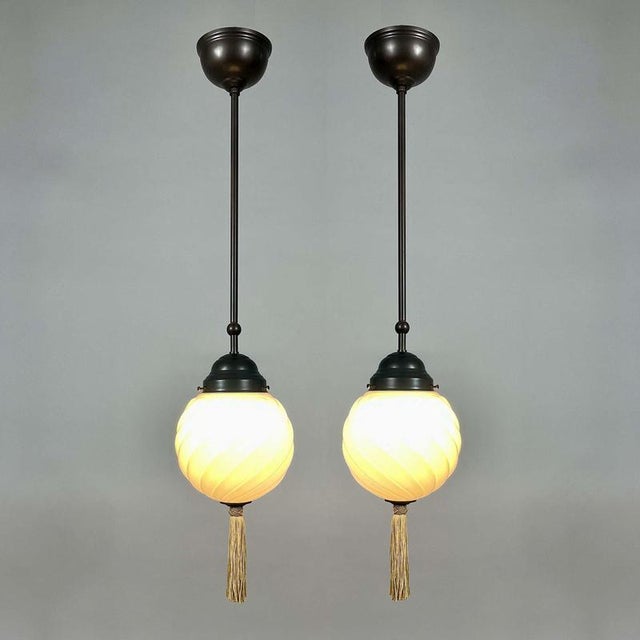 Art Deco Opaline Glass and Burnished Brass Pendants, Germany 1930s, Set of 2 For Sale - Image 3 of 17