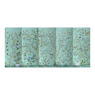 Mint Green Chinoiserie Mural | 5-Panel Hand-Painted Floral & Bird Wallpaper For Sale