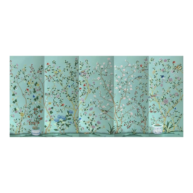 Mint Green Chinoiserie Mural | 5-Panel Hand-Painted Floral & Bird Wallpaper For Sale