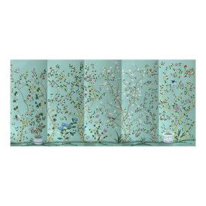 Mint Green Chinoiserie Mural | 5-Panel Hand-Painted Floral & Bird Wallpaper