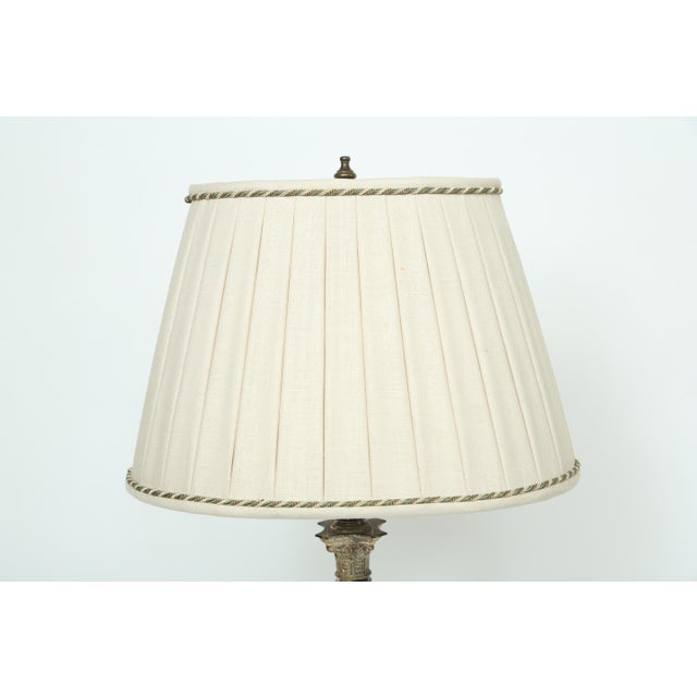 English Solid Glass Columnar Lamp With Silvered Corinthian Capital-Hand Sewn Pleated Linen Shade For Sale - Image 3 of 8