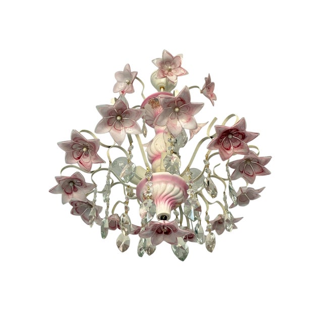 Pink 1980s Italian Murano Style Pink Floral Glass Chandelier With Crystals For Sale - Image 8 of 18