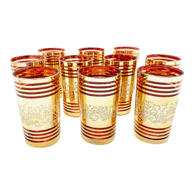 Mid-Century Modern Gold Gilded & Red Opulent Glassware - 10 Pieces For Sale