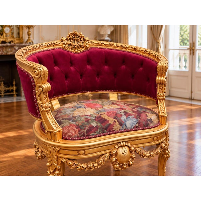 1970 French Artisan Louis XVI Gold Burgundy Sofa Set-3 Pc For Sale - Image 15 of 18
