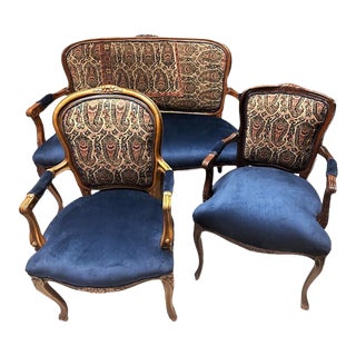 Antique Louis XV Settee and Two Fauteuils Upholstered With Antique Persian Rug and New Blue Velvet For Sale