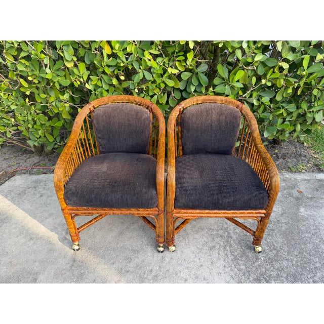 Late 20th Century Vintage Burnt Bamboo Rattan & Cane Lounge Chairs on Casters, a Pair For Sale - Image 5 of 12
