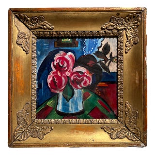 German Expressionist Artist, Still Life with Vase of Flowers, Oil Tempera on Panel, 20th Century, Framed For Sale