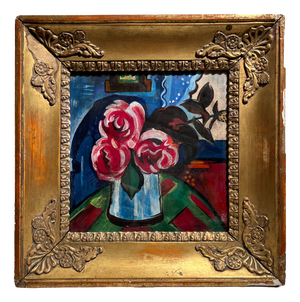 German Expressionist Artist, Still Life with Vase of Flowers, Oil Tempera on Panel, 20th Century, Framed