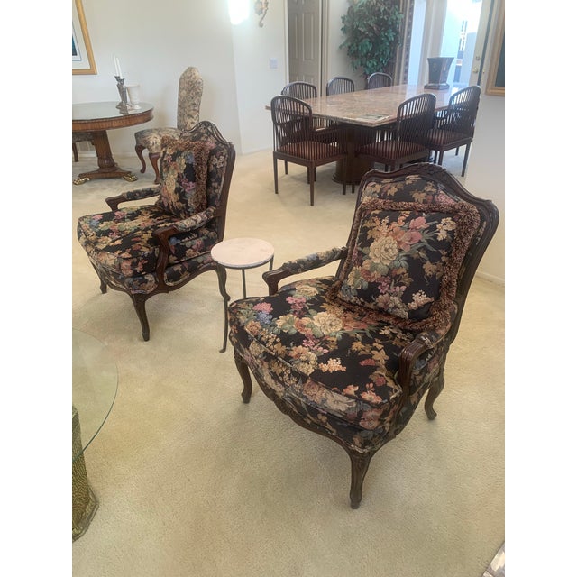 Wood 1970s Matching Upholstered Chairs (2). Hardwood Very Detailed. Black Background, Multicolor Floral Print. For Sale - Image 7 of 8