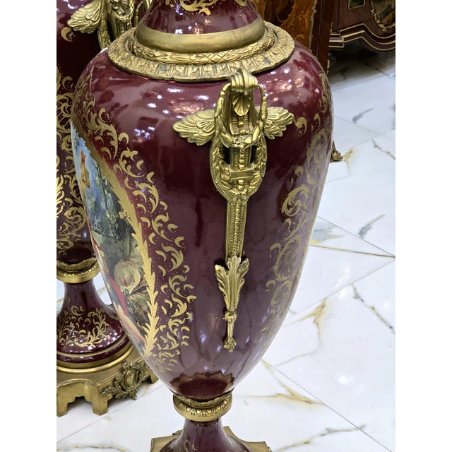French Burgundy Porcelain Vases With Gold Leaf Details – French Style Ornate Decorative Vases For Sale - Image 3 of 6