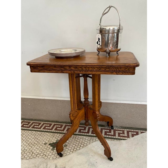 Antique Victorian Carved Quarter Sawn Oak Parlor Table on Casters, Eastlake Style For Sale - Image 14 of 18