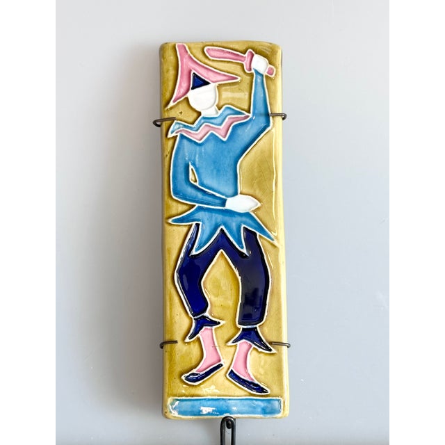 Signed Harlequin Relief Tile in Ceramic with Metal Hook, Italy, 1950s For Sale - Image 11 of 11