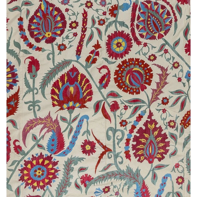 6.8x9 Ft Brand New Uzbek Suzani Textile. Embroidered Silk & Cotton Wall Hanging For Sale - Image 4 of 5