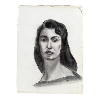 MCM Charcoal Portrait Drawing of a Woman With Side-Swept Curls - 1950s Signed For Sale