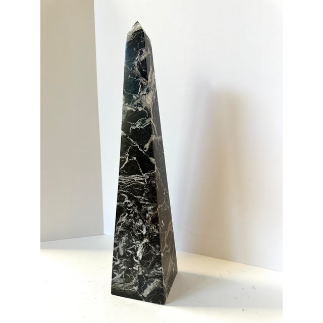 Charcoal Mid 20th Century Large Nero Marquina Marble Obelisk Sculpture | Black & White Veined Stone Decor, 18” For Sale - Image 8 of 11