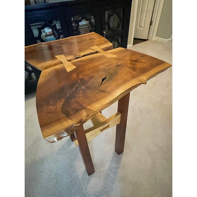 Brown Hand Crafted Live Edge Butterfly Table in Walnut and Curly Maple by Artist Keith R. Allen For Sale - Image 8 of 12