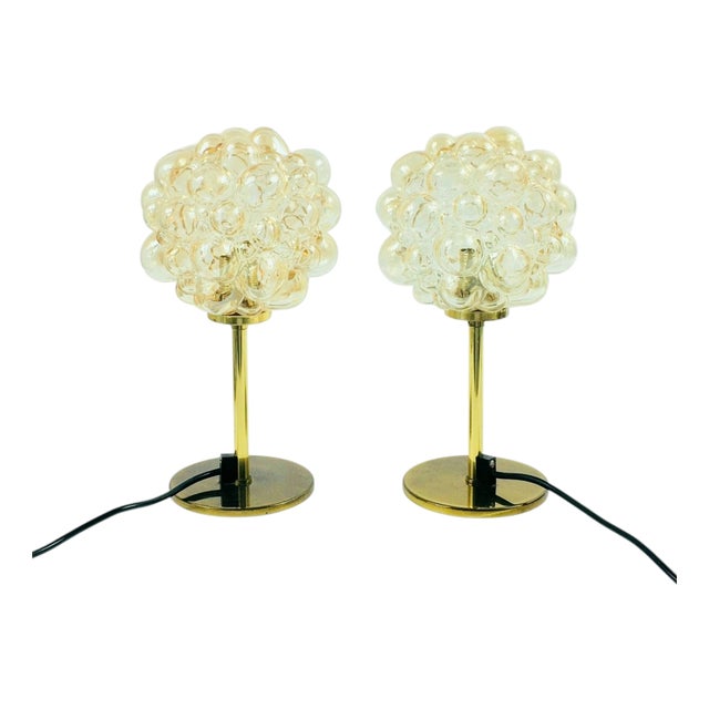 Mid-Century Bubble Glass and Brass Table Lamps by Helena Tynell, Germany, 1960s, Set of 2 For Sale