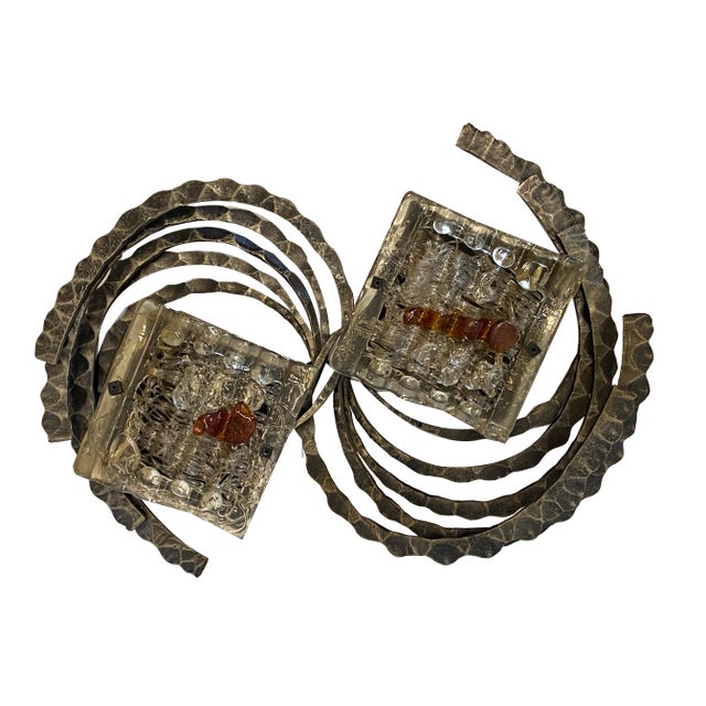 Brutalist Aplique in Wrought Iron and Glass, 1960s For Sale