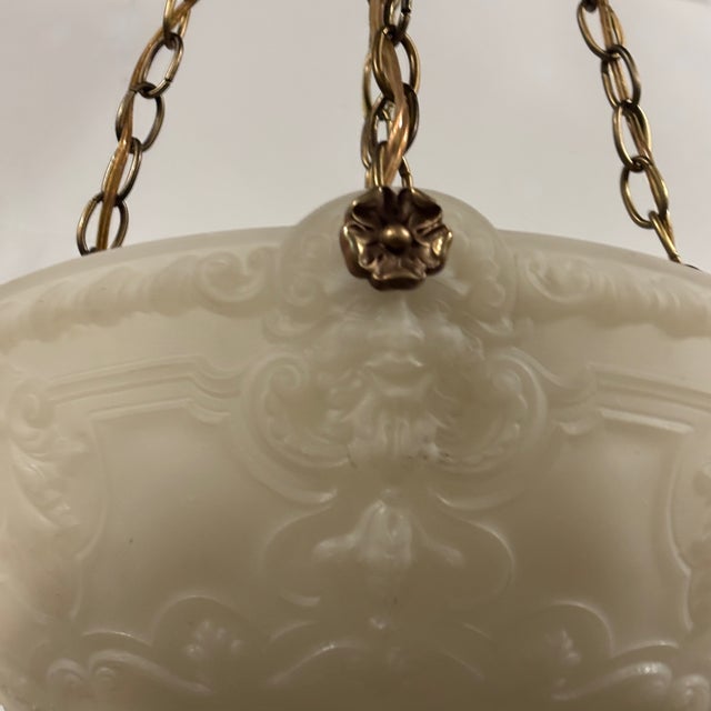Antique White Neoclassical Style Cast Glass and Brass Pendant Light Fixture, Circa 1910 For Sale - Image 8 of 9