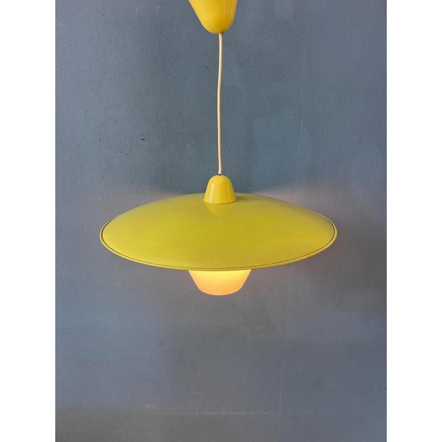 Mid-Century Modern Opaline Glass Pendant Lamp with Yellow Metal Shade For Sale - Image 5 of 13