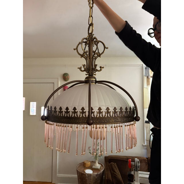 White 1920s/30s Frosted Glass Dome Chandelier With Brass Crown Detailing and Pink Blown Glass Beads For Sale - Image 8 of 9
