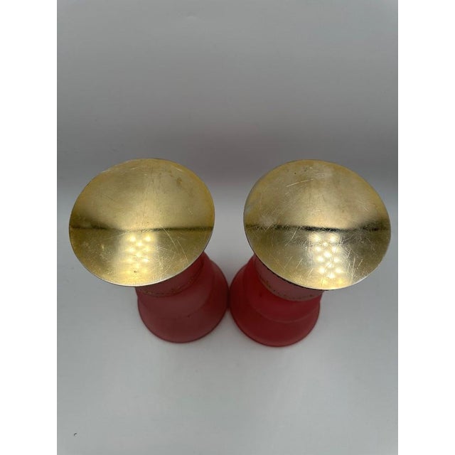 Medici Vases in Pink Opaline with Gilt and Enamel Decoration and Brass-Rimmed Feet, 1890s, Set of 2 For Sale - Image 4 of 11