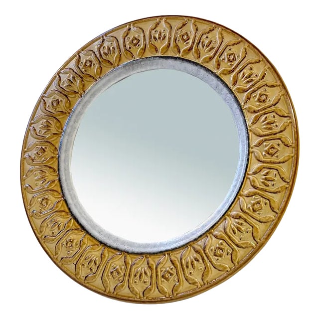 Mid-Century Italian Ceramic Round Wall Mirror, 1970s For Sale