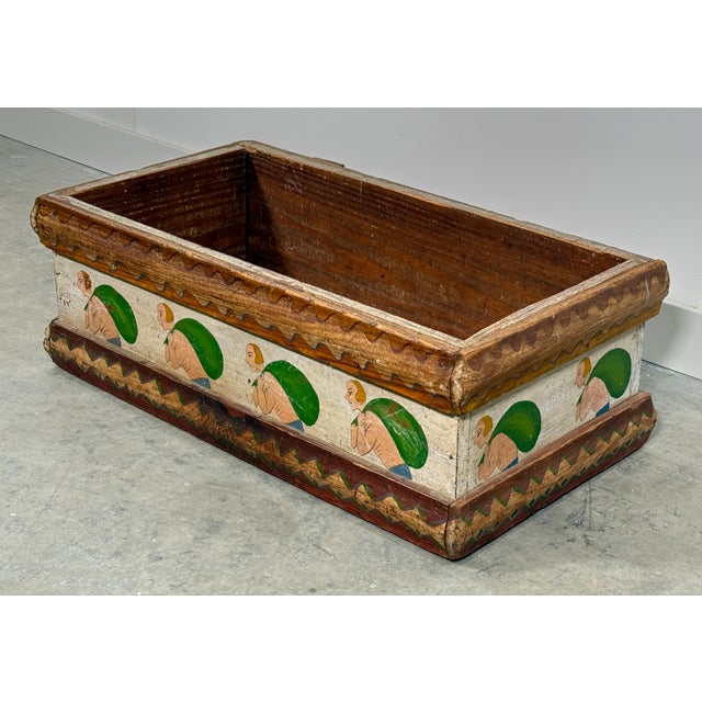 Wood Antique c.1900 American Folk Art Hand Painted Figural Storage Box / Blanket Chest / Cache Pot For Sale - Image 7 of 14