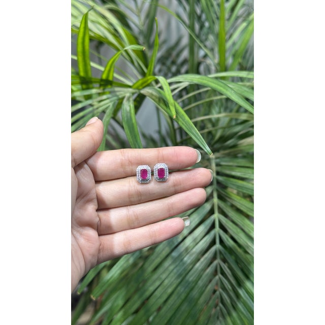 Contemporary 1.64ct Ruby & Double Halo Diamond Earrings in 14k Gold- 2 Pieces For Sale In New York - Image 6 of 17