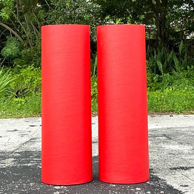 Contemporary Vintage Boho Grasscloth Cylinder Pedestals - a Pair For Sale - Image 3 of 8