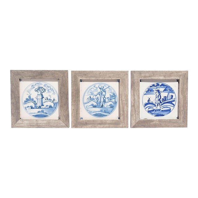 Set of 3 Framed 17th Century Delft Faience Tiles, C. 1650-80 For Sale