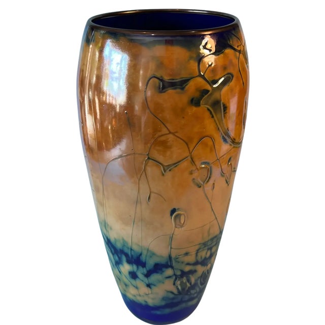 Dale Chihuly Abstract Textural Art Glass Amber Blue Ovoid Vase For Sale - Image 4 of 17