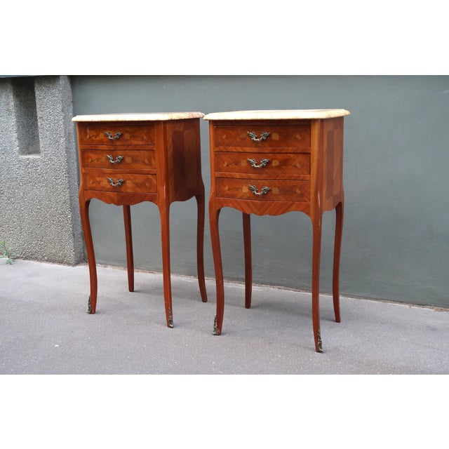 Antique Pair of french Louis XV style inlaid side tables or nightstands. Parisian cabinetmaker masterpiece work from the...