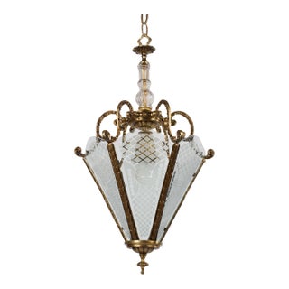 1950s Large Brass & Etched Glass Hall Lantern Ceiling Light For Sale