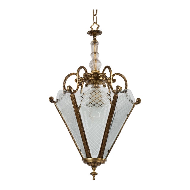 1950s Large Brass & Etched Glass Hall Lantern Ceiling Light For Sale