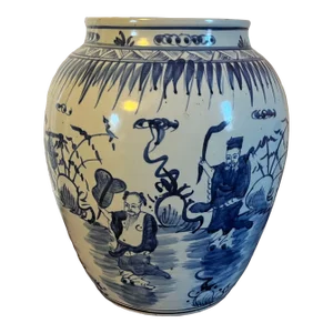 Large Antique 19th Century Chinese Blue & White Ming Transitional Style Porcelain Vase or Jar