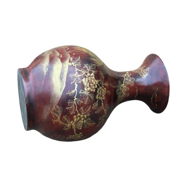 Chinese Brown Lacquer Golden Scenery Decorative Wood Vase Art For Sale - Image 10 of 18